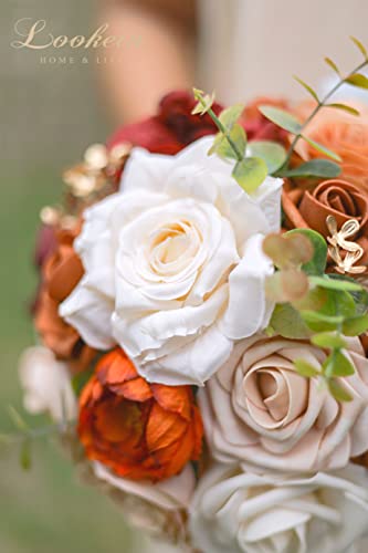 Lookein Set Of 4 Bridesmaid Bouquet For Wedding 7 Inch Artificial Flowers Bouquet Wedding Bouquet Bridal Bouquet Tossing Bouquet For Wedding Ceremony Anniversary Bridal Shower, Chic Terracotta #TOP4