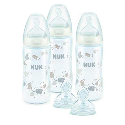 NUK Kit de 3 Biberons First Choice+, 300ml, Silicone, 0-6 Mois, anti colique, Sans BPA, neutre