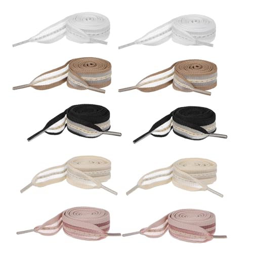 COMNICO 5 Pairs Ribbon Shoe Laces for Women 2cm Wide Flat Soft Fabric Fantastic Stripe Shoelaces Colorful Shoe Ties (Transparent stripes)