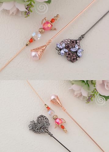 Image of Alilang Magic Lamp Pearl Lady Camo Rose Heart Rhinestones 3Pcs Vintage Long Handle Hat and Lapel Pins with Flexible Bendable Design