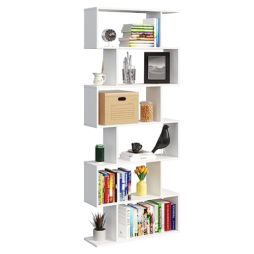 Panana White Wooden Bookcase 6 Tier Shelves Bookshelf S Shape Storage Display Shelf Room Divider Unit Chest Cupboard Cabinet Free Standing Shelving Storage Organizer Unit for Living Room (White)