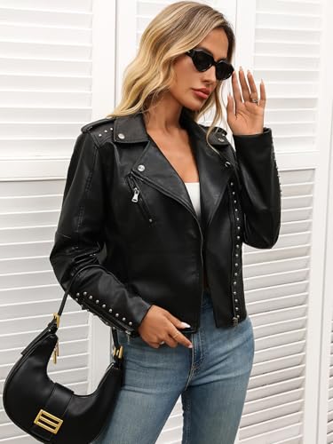 LY VAREY LIN Women's Rivet Studded Faux Leather Moto PU Short Jacket Punk Fashion Coat4