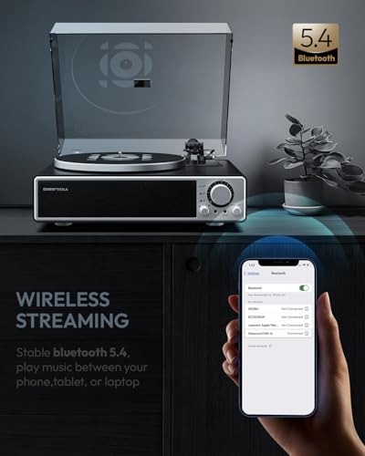 Image of QLEARSOUL ONE-Q Vinyl Record Player (Black), All-in-one HiFi Turntables with Built in Speakers, Bluetooth 5.4, Phono Preamp, Magnetic Cartridge AT-3600L, 33 /45 RPM Two Speed, Aux-in, Auto Off