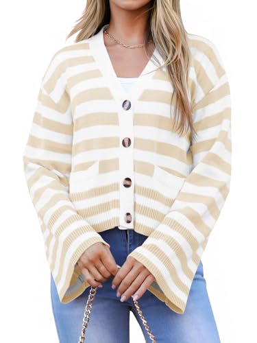 Image of Saodimallsu Womens Striped Cardigan Sweaters Cropped Fall Button Open Front Long Sleeve Knit Sweater Coat with Pockets