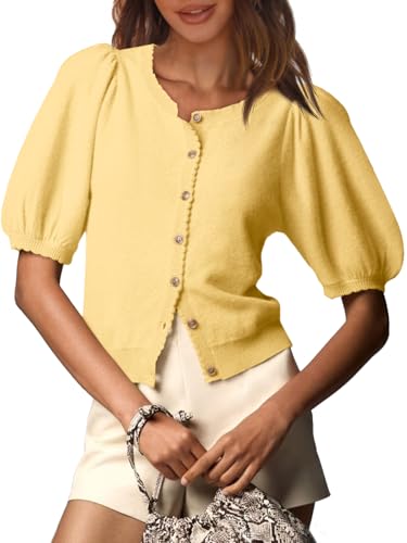 Image of Saodimallsu Womens Puff Short Sleeve Cardigan Lightweight Summer Button Down Shirts Knit Crew Neck Sweater Tops