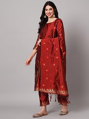 Image of VredeVogel Women's Cotton Silk Jacquard Kurta Pant Set with Banarasi Silk Dupatta