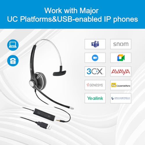 Image of VT Mono Wired-Headset with Noise-Cancelling Microphone - USB-3.5MM Connectivtity Work with UC Platforms Such as MS Teams,Zoom,Genesys,GoogleMeet,Bria,etc.