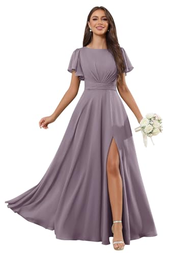 Fu Jiang Women's Short Sleeve Bridesmaid Dresses with Slit Chiffon Long Formal Wedding Guest Party Gown