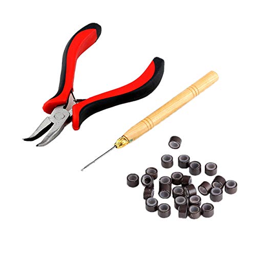 CCbeauty Professional Hair Extension Tool Pliers Hook Needle With 500PCS 5mm Micro Silicone Rings Beads (Brown)