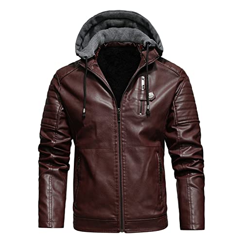 Maiyifu-GJ Men's Faux Leather Hooded Jacket Vintage PU Moto Windproof Hoodie Coat Winter Warm Fleece Lined Motorcycle Jacket (Red Wine,5X-Large)