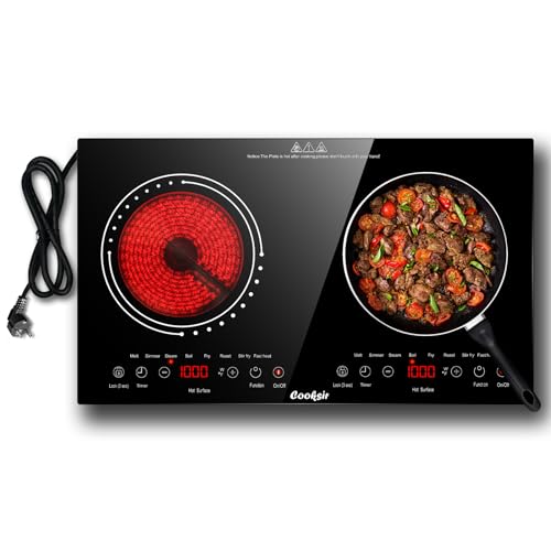 Cooksir Placa vitrocerámica 2 fuegos,3600 W, 60 cm, placa portátil, calefacción por infrarrojos, bloqueo de seguridad para niños, temporizador con enchufe