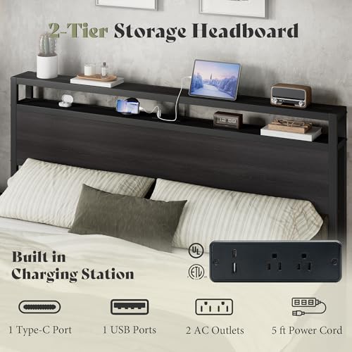 Image of AMERLIFE King Size Bed Frame with Storage Headboard & Charging Station, Industrial Metal Platform Bed with Large Under-Bed Storage, Heavy Duty Slats, No Box Spring Needed, Black