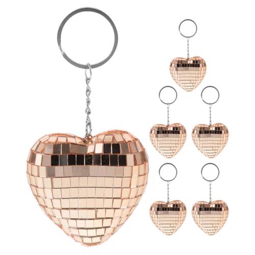 LUOZZY 6 Pcs Mirror Disco Ball Keychains Heart Shaped Disco Ball Keychain Mini Disco Ball Ornaments for Bag Backpack Hanging Charms (Rose Gold)