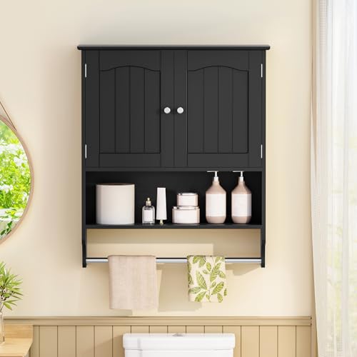 Iwell Bathroom Wall Cabinet with Adjustable Shelf & Doors, Over The Toilet Storage Cabinet, Medicine Cabinet for Bathroom, Laundry Room, Kitchen, Black - Thumbnail 2