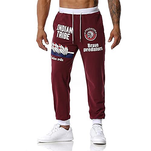 N++A Niuzi Mens Jogging Sports Sweatpants Causal Indian Image Printing Running Trousers with Double Pockets Wine Red