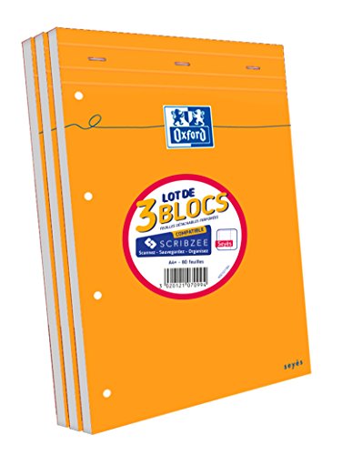 Oxford Lot de 3 Bloc-Notes Agrafés Format A4+ (21x31,5cm) 160 Pages Grands Carreaux Seyès Perforées Couverture Orange