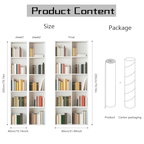 arricraft 2 Blatt Selbstklebender Türaufkleber 80cm X 200cm /31.5x78.7 Zoll Weißes Bücherregal Bücherregal Tür Wandbilder Aufkleber PVC Abnehmbare Tapeten Dekoration Für Schlafzimmer
