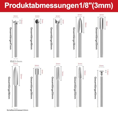 Alriedy 10-PCS Dremel Holz & Zubehör Holz Set, Dremel Holzfräser & Fräser Holz,3mm Schaft HSS Schnitzwerkzeuge für Holz Schnitzen Gravieren, Rotationswerkzeug Zubehör