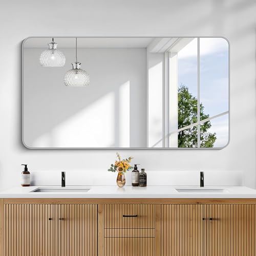 Image of KOCUUY Silver Bathroom Mirror, 30x55 Inch Bathroom Mirror for Over Sink, HD Tempered Glass, Anti-Rust Brushed Silver Frame, Rounded Corner Modern Design for Bathroom, Hang Horizontal /Vertical