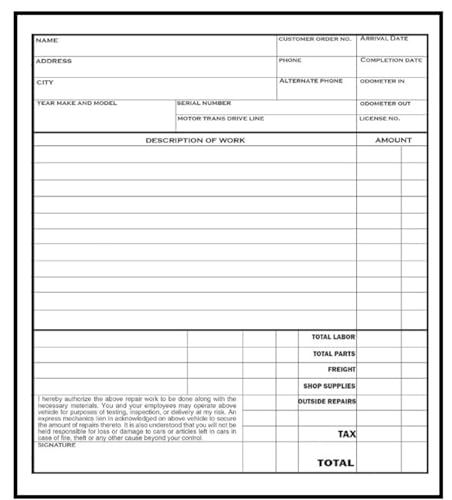 Auto Repair Order & Invoice Forms 100 Pack &ndash; 2 Part Carbonless Vehicle Repair Receipt & Mechanic Work Order Forms for Auto Shop, Garage & Automotive Service White and Yellow Copy