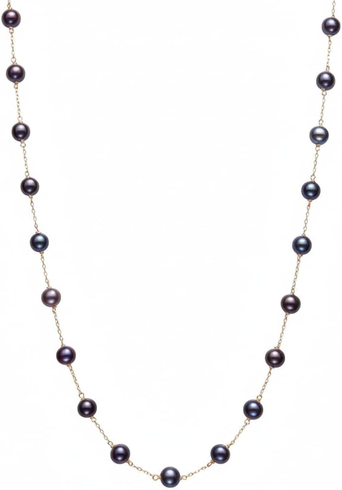 Belacqua AAA Quality Cultured Freshwater Real Pearl Necklace in 14K Yellow Gold, 6.0mm-7.0mm White,Pink or Black Pearls, 18 Inches Dainty Cable Chain, Jewelry for Women, Gift Box Included