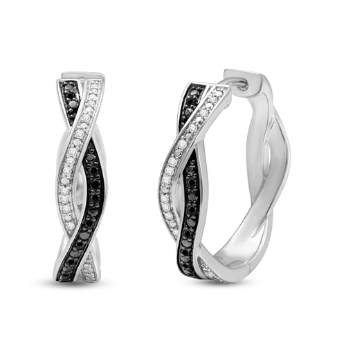 Jewelili Sterling Silver Twisted Hoop Earrings for Women | 1/6 CTTW Natural White & Treated Black Round Diamonds | Hinge with Notched Post | Luxury Jewelry Gift for Her | Gift Box Included
