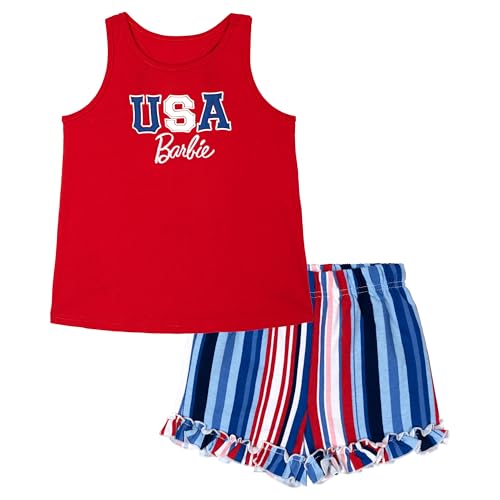 Barbie Little Girls Independence Day Sleeveless Top and Striped Ruffle Shorts Outfit Red Navy Stripe 6