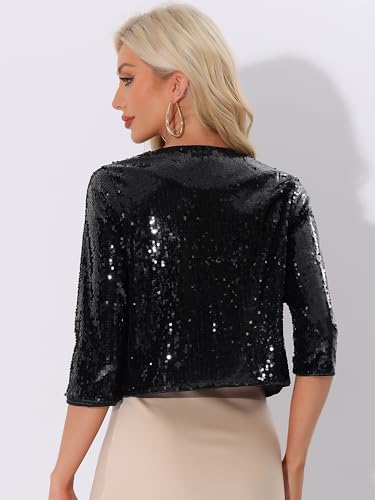 Allegra K Sequin Jacket for Women's Sparkly Party 3/4 Sleeve Open Front Crop Bolero Shrug Cardigan3