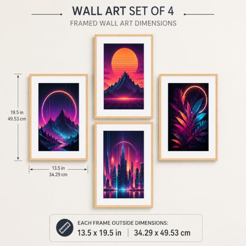 Image of Livin'luxe Set of 4 Neon Mountain City & Botanical Wall Paintings with Sparkle Laminate and Premium Wooden Synthetic Frame for Living Room Bedroom Office Decor (13.5 x 19.5 Inch)