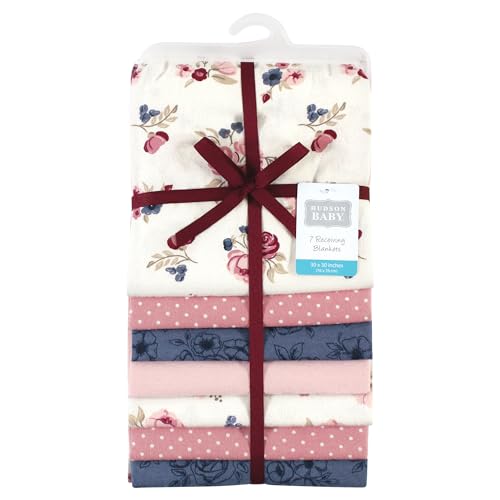 Image of Little Treasure Hudson Baby Cotton Poly Flannel Receiving Blankets Multipack, Pink Dusty Rose Floral, 30x30 inches