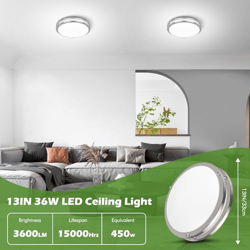Image of 13 inch Dimmable LED Ceiling Light Fixture, 36W Super Bright 3600 Lumens Brushed Nickel Flush Mount Light Fixture, 2700K-6500K Adjustable Ceiling Lights for Bedroom, Kitchen, Bathroom, 1-Pack