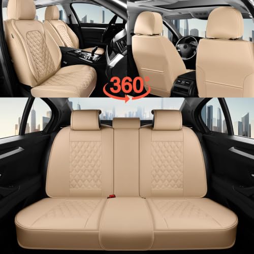 Image of Coverado Rear Seat Covers, Soft Waterproof Faux Leather Rear Protectors for Sedan SUV Truck, Minimalist Comfortable Anti-Stain Interior - Beige