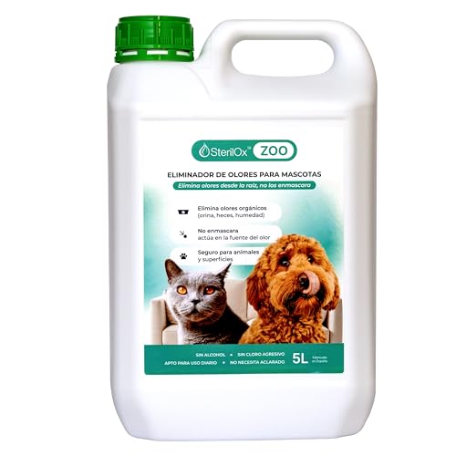 SterilOx ZOO 5L — Neutralizador Olores Mascotas Perros Gatos — Limpiador Ácido Hipocloroso HOCl — Sin Alcohol — Sin Fragancia — Apto Fogger Niebla Fría — Biodegradable — Fabricado en España