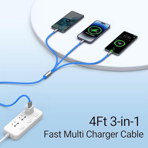 Image of MECHA Multi Charging Cable, 3 in 1 Charger Cord, 120W USB-C Fast Charge, 3.3ft Universal Charging Cable with iOS /Type-C /Micro USB for Phones, iPad, MacBook - Blue