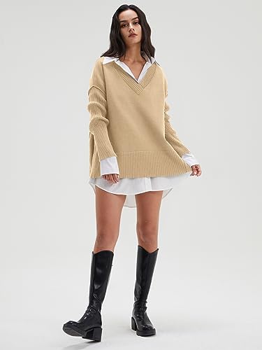 Image of DEEP SELF Women's V Neck Oversized Sweaters Long Batwing Sleeve Split Hem Pullover Asymmetric Loose Casual Knit Tops