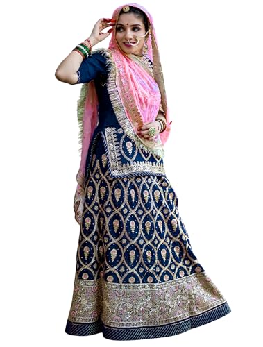 Image of Heavy Embroidery Work Semi Stitched Shimmer Silk Rajputi Poshak For Women Rajasthani Lehenga Choli