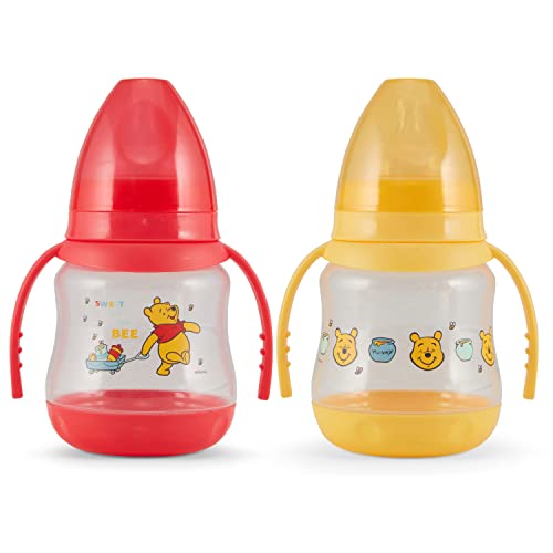 Image of Disney 2 Pack 7 Ounce Baby Bottles with Character Prints and Colored Covers with Double Handle - BPA Free and Easy to Clean