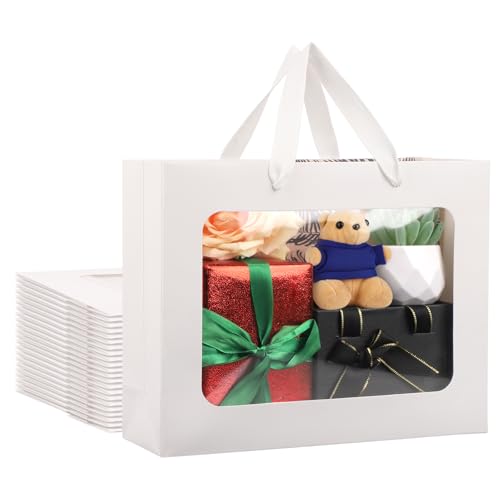 EUSOAR Thank You Bags Bulk, 25 peças de 27 x 7,9 x 21 cm, sacos de presente brancos com janela transparente, sacolas de compras de papel para presente com alças para embrulhar festa de casamento e
