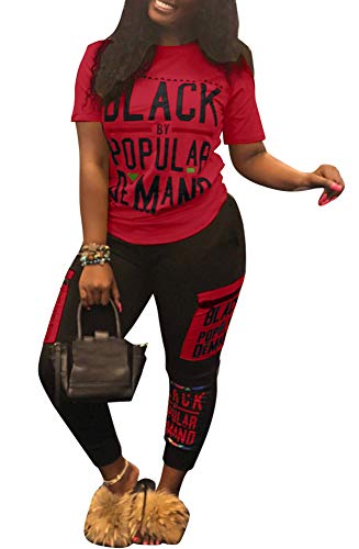 Women's Letter Print 2 Piece Outfits Crew Neck Short Sleeve Tops and Pants Set Tracksuit