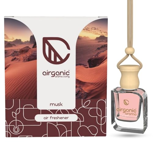 Airganic Swing Prime Car Perfume Hanging Pod – Musk Fragrance |10 ml| Car Air Freshener | Natural Essential Fragrance Oils in Glass Bottle with Wooden Diffuser Lid |Last Upto 60 Days