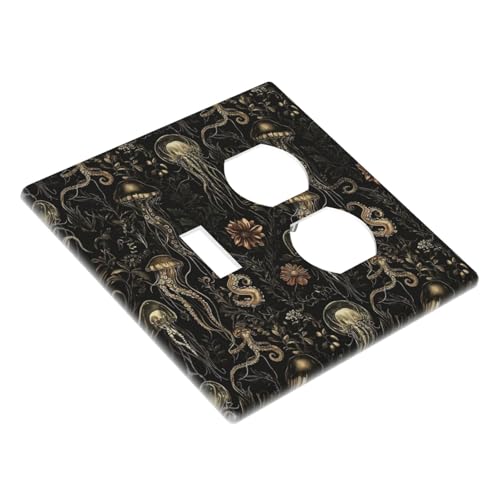 Decorative Outlet Covers Black Gold Jellyfish Squid Deep Sea Creatures 2 Gang Outlet Cover Wall Plate Single Toggle Duplex Light Switch Cover Plate Switch Plate Covers for Home Decor