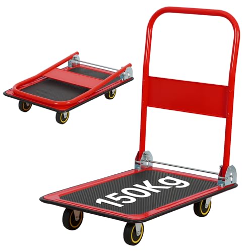 Panana Platform Truck Foldable Trolley with 150kg Load Capacity Push Hand Cart Flat Bed Moving with Swivel Wheels for Loading and Storage Red