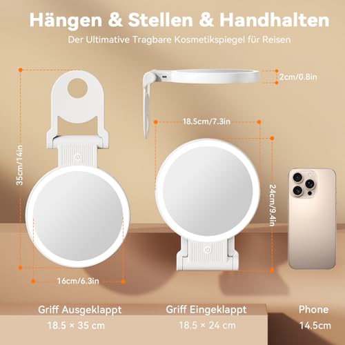 Auxmir Kosmetikspiegel mit Beleuchtung, 30X/1X Doppelseitig Schminkspiegel mit Licht, Dimmbar Spiegel Tischspiegel, 3 Farblichter Handspiegel, Faltbar Vergrößerungsspiegel für Zuhause Reise Kosmetik