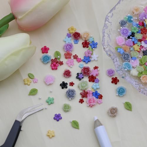 VCEOW Flower Nail Charms,Colorful Resin Nail Art Decor with Leaves and Gold Silver Round Caviar Beads,Cute 3D Spring Blossom Petal Accessories for DIY Manicures,Crafts Design,Jewelry Making — view 4