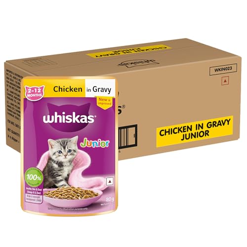 Whiskas Junior Kitten (2-12 Months) Wet Cat Food, Chicken in Gravy, 80 g (Pack of 56), Hydrating Food Made With Real Chicken, 100% Complete & Balanced Nutrition for Kittens