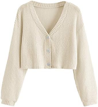 SweatyRocks Women's Long Sleeve Plaid Button Front V Neck Soft Knit Cardigan Sweaters Beige L