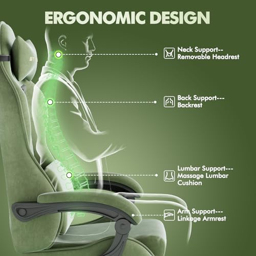 Image of Soontrans Ergonomic Velvet Fabric Gaming Chair with Footrest, Comfortable Video Gamer Chair for Adult, Reclining Office Computer Desk Game Chairs with Massage Lumbar Cushion,Headrest