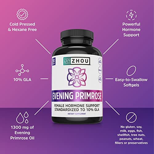 Zhou Nutrition Evening Primrose Oil Capsules, Supports Hormone Balance For Women, Pms And Menopause Support, Cold Pressed, Lab Verified And Hexane Free - 1300Mg 10% Gla, 90 Servings, 3 Month Supply #TOP3
