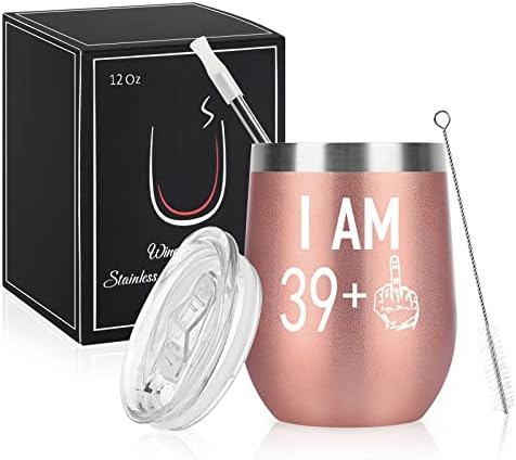 Livole 40th Birthday Gifts for Women, Wine Tumbler 39+1 Pattern, Stainless Steel Double Walled Vacuum Insulated Stemless Wine Glass with Lid and Straw, Gifts for her, Mom, Wife, 12 OZ, Rose Gold