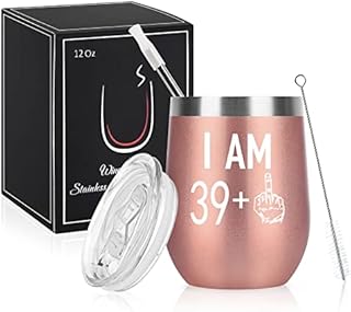 Livole 40th Birthday Gifts for Women, Wine Tumbler 39+1 Pattern, Stainless Steel Double Walled Vacuum Insulated Stemless Wine Glass with Lid and Straw, Gifts for her, Mom, Wife, 12 OZ, Rose Gold